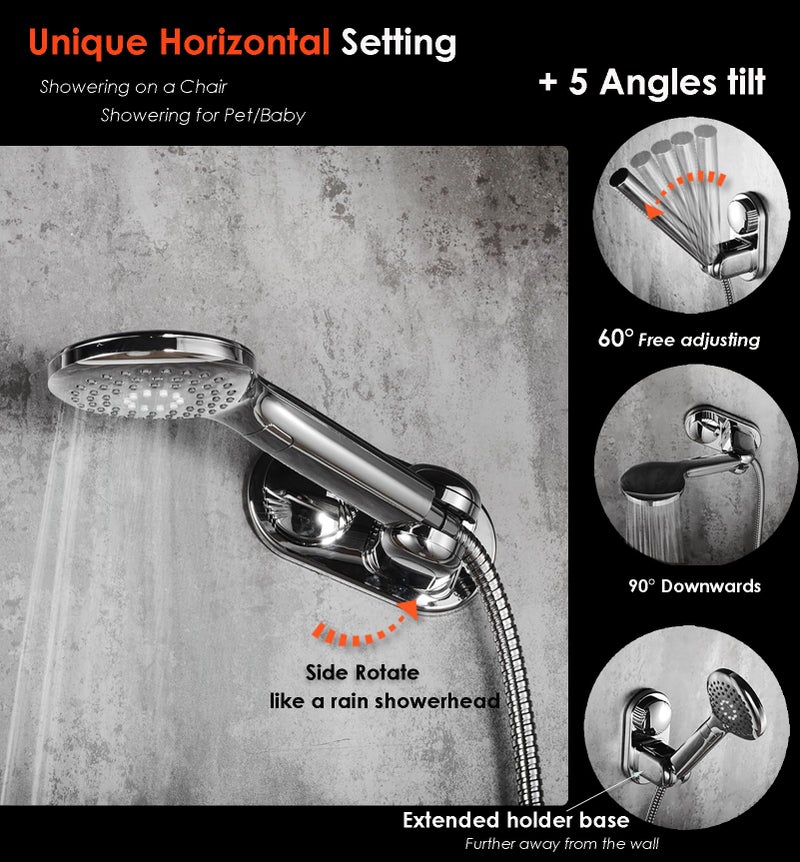 RIVOODS Suction Cup Handheld Shower Head Holder - Relocatable - 5 Angles Adjustable - Unique Horizontal Setting - Large Shower Head Supports - Wider Input - Wall Mounted with Vacuum Power (Chrome) - Image 3